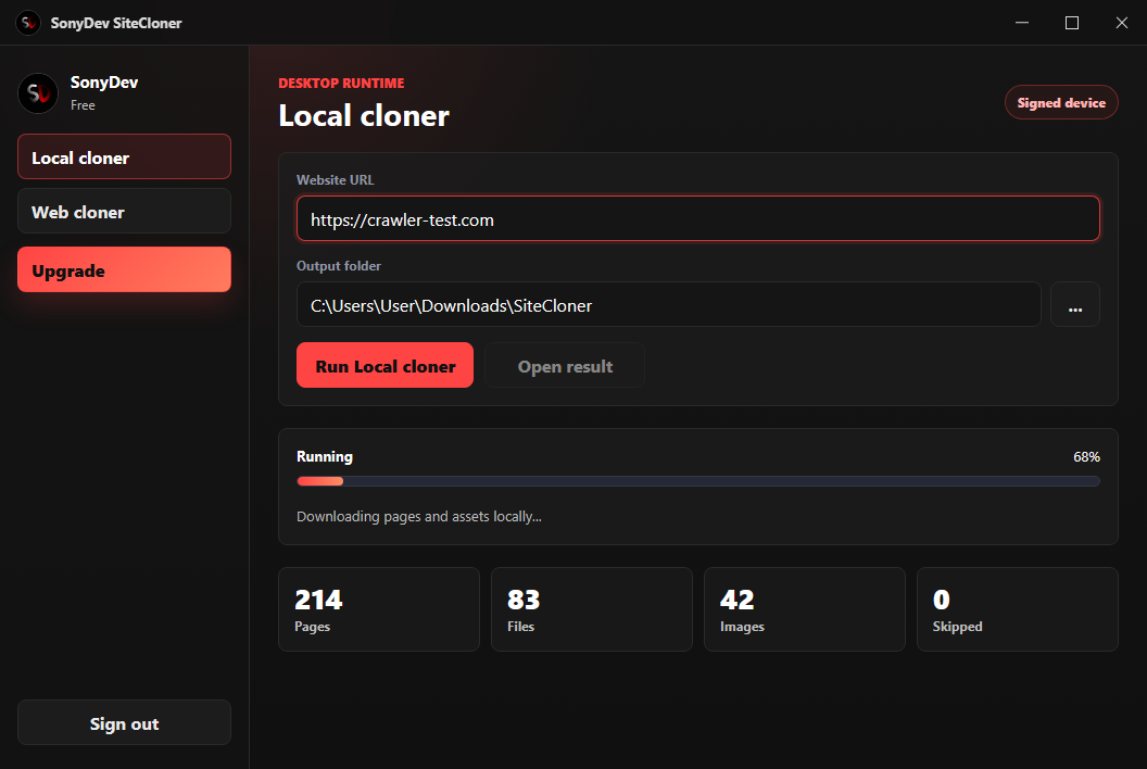 SonyDev SiteCloner desktop app screenshot